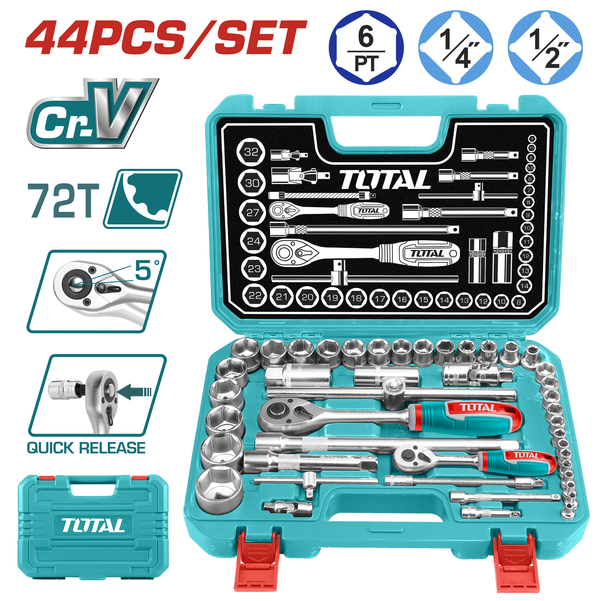 THT421441 Total 44PCS 1/4"+1/2" Socket set THT421441 - Image 1