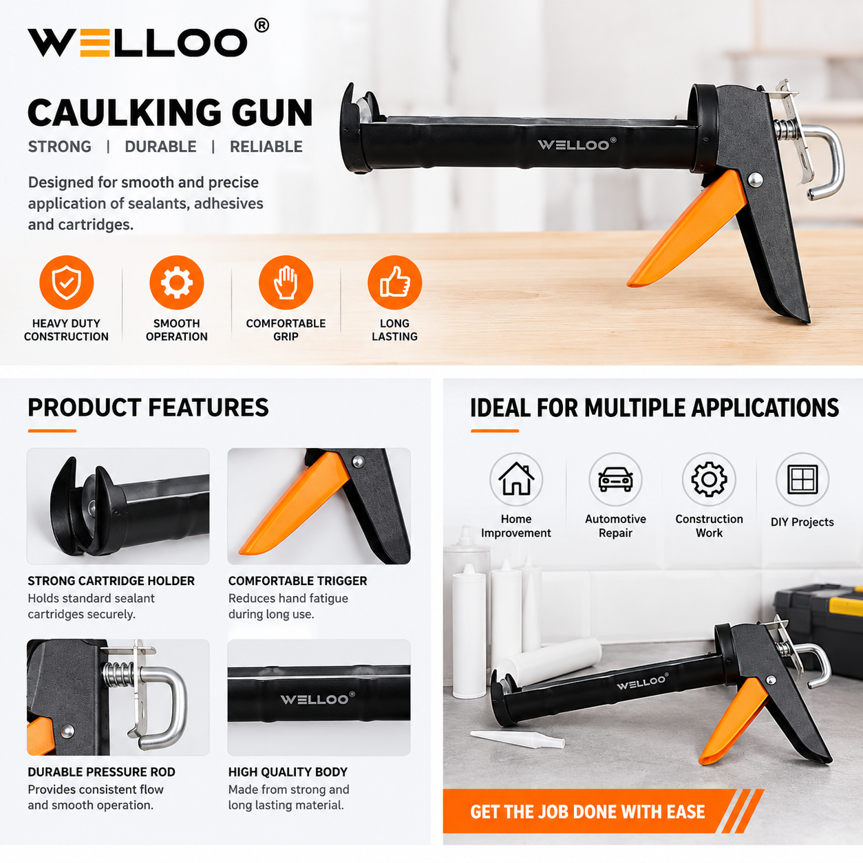 Image Sep 12, 2026, 06_52_08 PM welloo Professional Hand Caulking Guns, Heavy Duty Silicone caulking Gun | Sealant Gun (230MM(9 Inch)) - Image 1